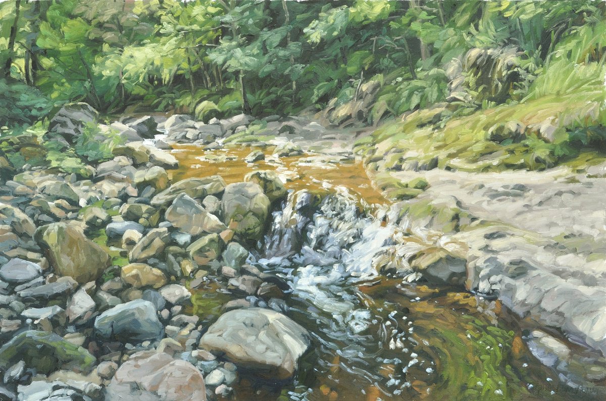 Impressionistic Landscape Oil Painting By Anne Baudequin, 36 X 24, The Sumene, Through Rocks, Original Artwork