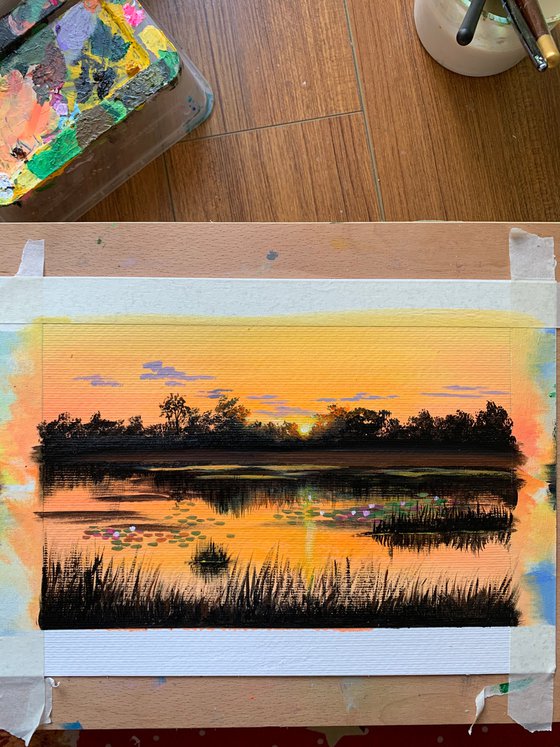 Water lily pond at sunset ! A4 Painting on paper