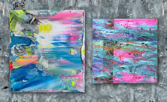 "I'm Rubber You're Glue" - Original PMS Abstract Acrylic Painting Diptych on Canvas and Wooden Panel - 44" x 27"