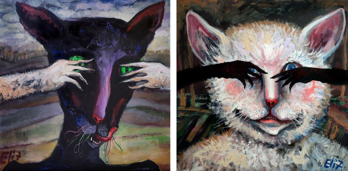 Expressive Animal Acrylic Painting By Elisheva Nesis, 24 X 12, Happy Couple (Diptych), Original Artwork