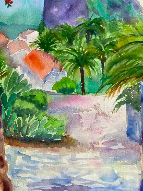 Tropical Original Watercolor Painting, Large Landscape Artwork, Canary Islands Wall Art, Mountain Picture