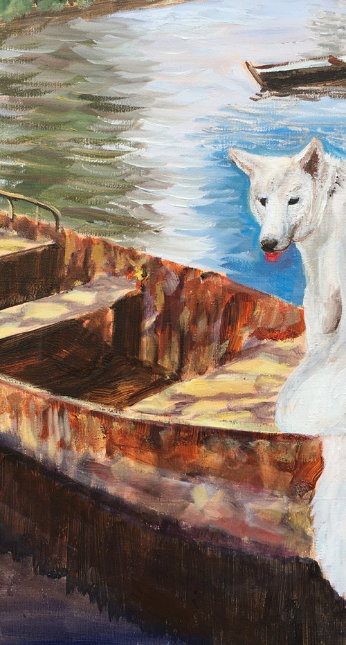 Dog in the boat by Elena Sokolova