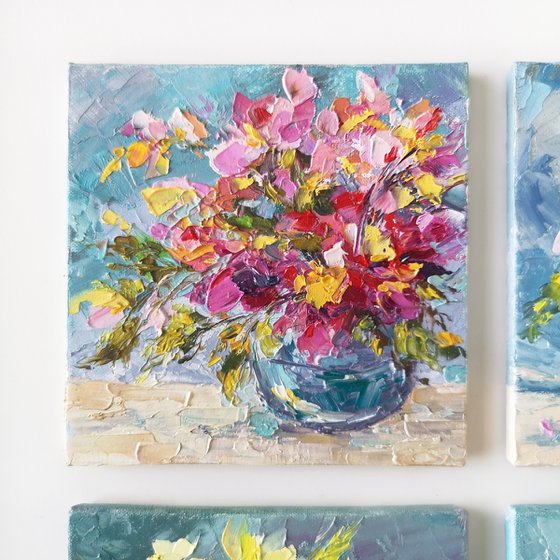 Bright flowers. Floral painting set of 4 small artworks