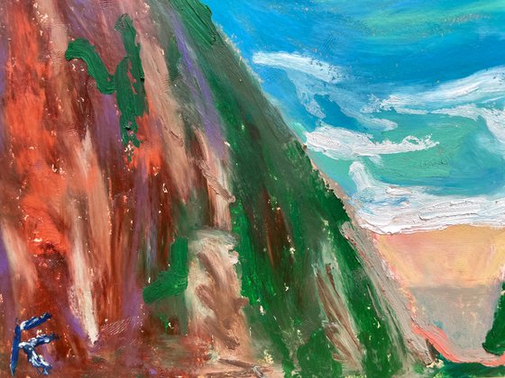 Sea Original Painting, Portugal Landscape Oil Pastel Drawing, Coastal Wall Art