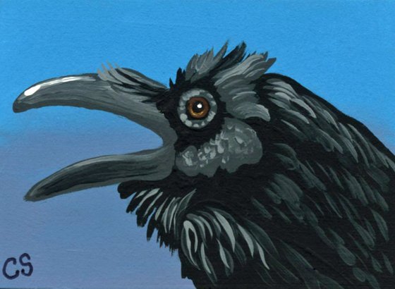 ACEO ATC Original Painting Raven Crow Wildlife Bird Art-Carla Smale