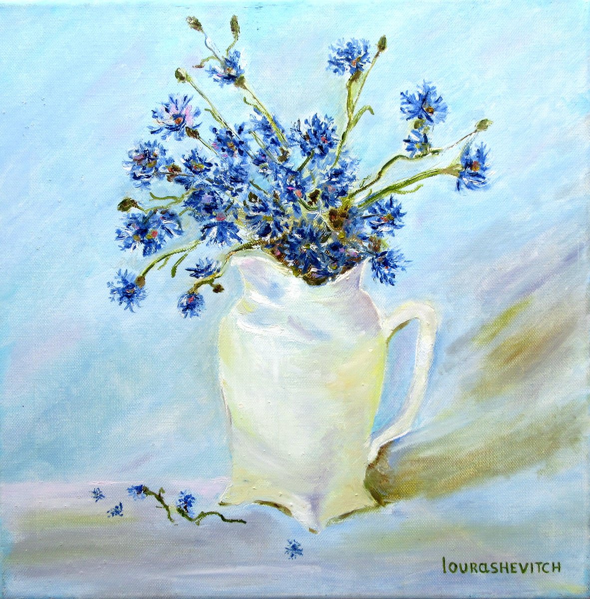 Blue Cornflowers in a Jar | Original Oil on Canvas Painting by Katia Ricci