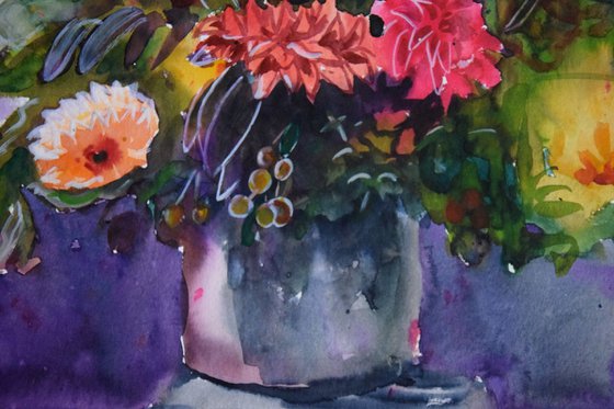 Watercolor painting Autumn flowers bouquet