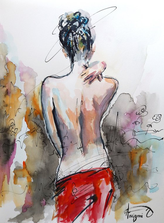 Study  - Nude woman Watercolor Painting on Paper