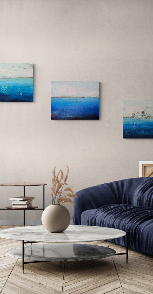 Seascape abstract blue abstract ocean triptych painting by Henrieta Angel