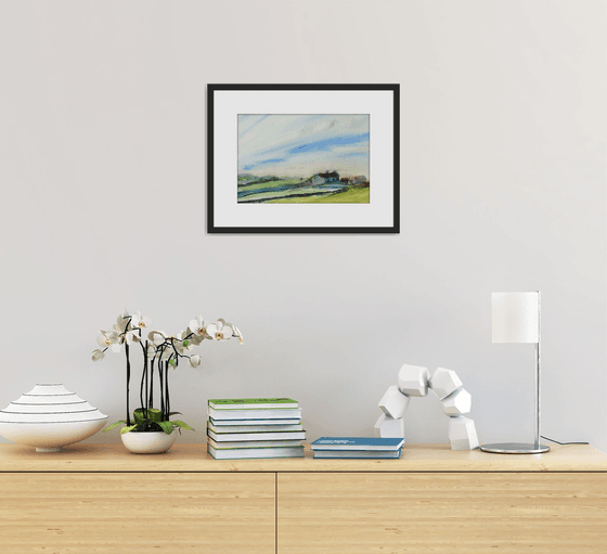 MISTY DAWN LANDSCAPE, DWELLING near Cemlyn Bay Anglesey. Original Watercolour with mount (mat).