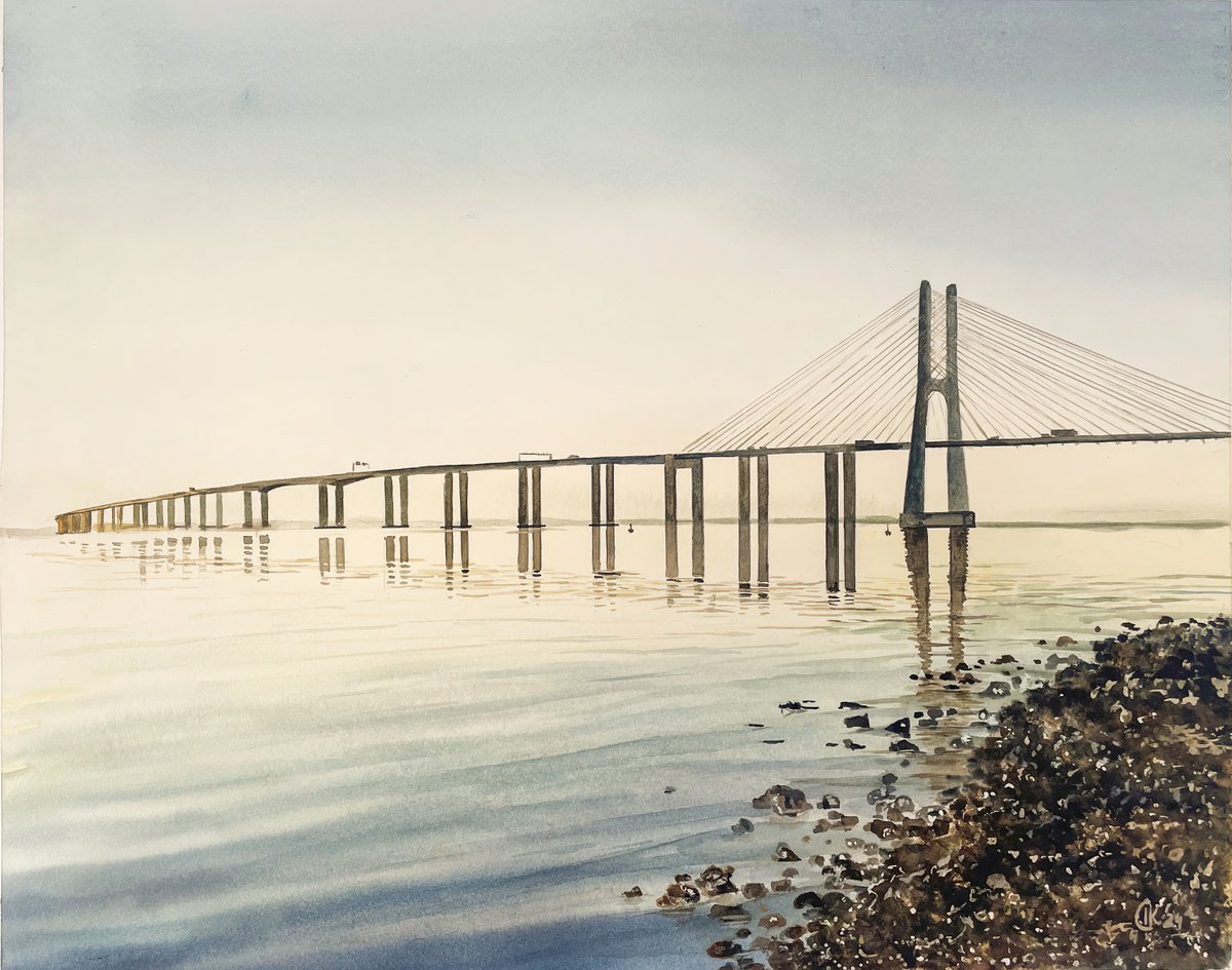 Photorealistic Watercolour , Vasco Da Gama Lisbon Bridge By Irina Kurganskaya, 20 X 16, Artwork For Sale On Artfinder