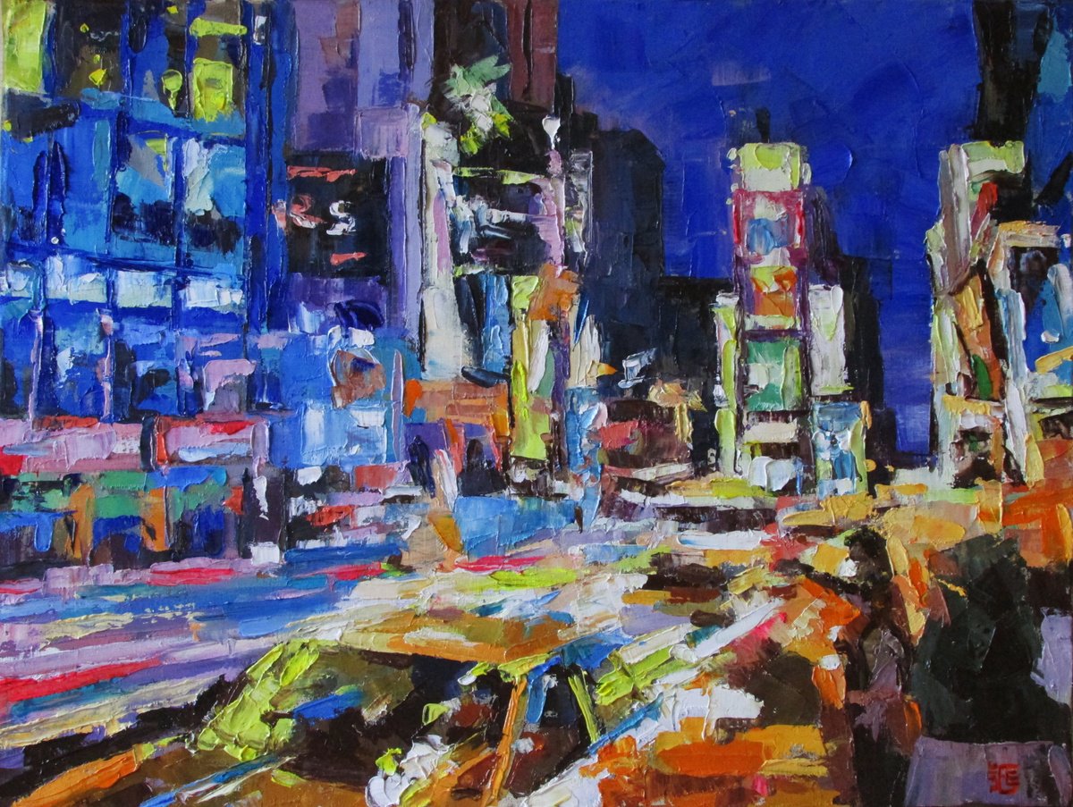 Impressionistic Cityscapes Oil Painting By Kateryna Bortsova, 31 X 24", New York Times Square, Original Artwork