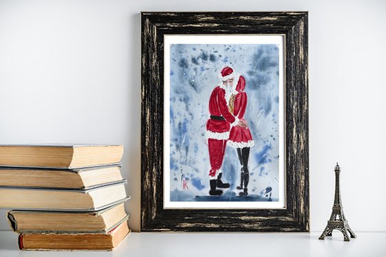 Santa Claus Painting Christmas Original Art Father Christmas Watercolor Love Story Artwork Girl Wall Art 8 by 12" by Halyna Kirichenko