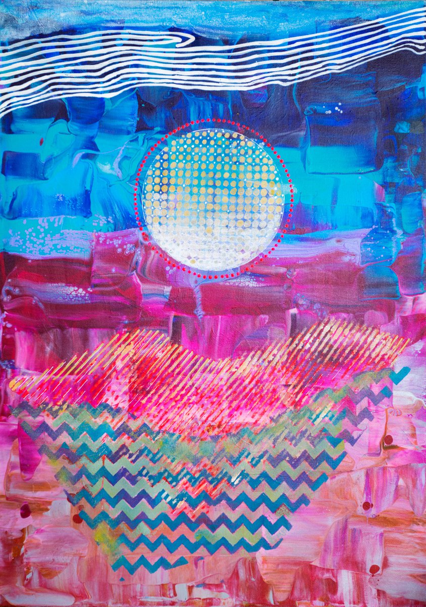 Geometric Landscape Acrylic Painting By Ariadna De Raadt, 20 X 28, Touching Of The Sun 6, Original Artwork