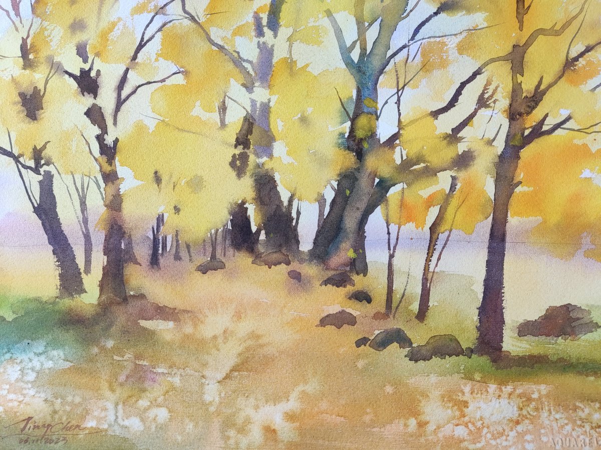 Impressionistic Landscape Watercolour By Jing Chen, 15 X 11, Warm Autumn 3, Original Artwork