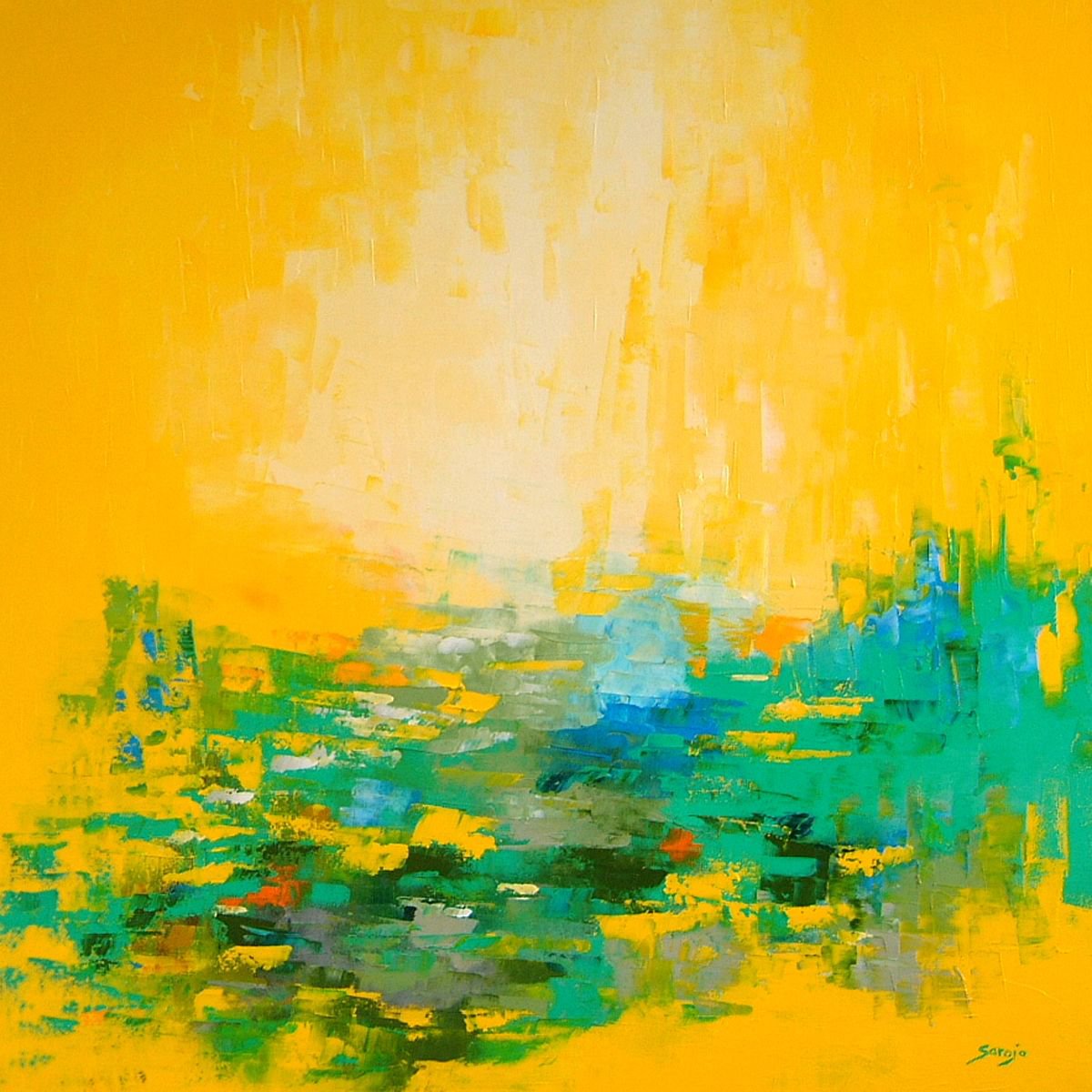 Abstract Landscape Oil Painting By Saroja Van Der Stegen, 29 X 29", Yellow Salsa (Ref#:1054-70Q), Original Artwork