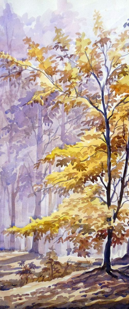 Beauty of Autumn Forest-Watercolor on Paper by Samiran Sarkar