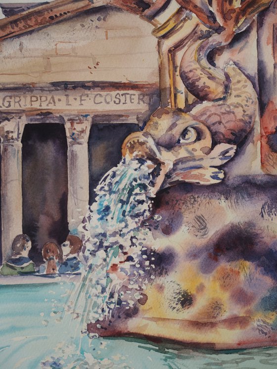 Fountain at the Pantheon - italian cityscape original watercolor