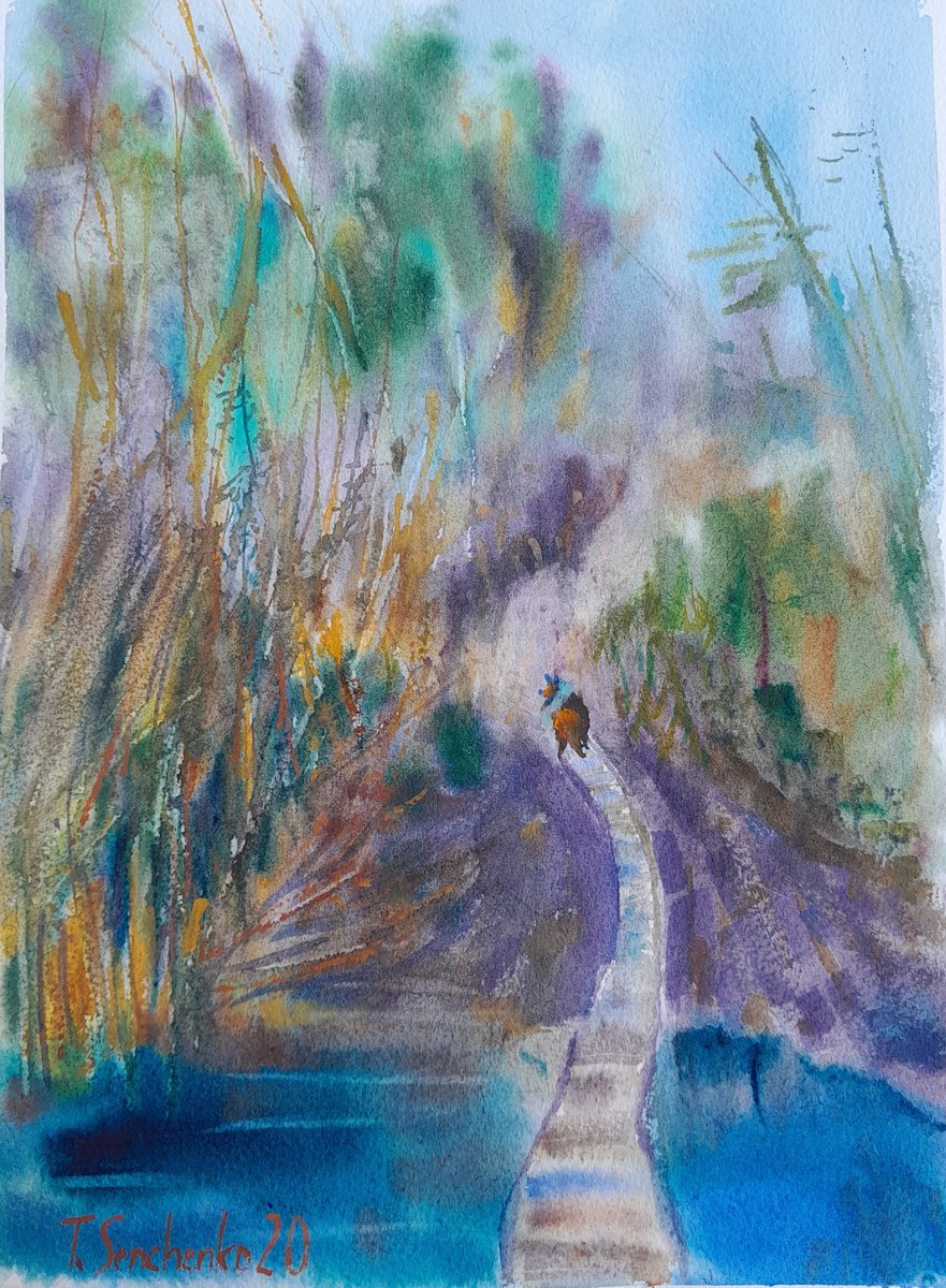 Impressionistic Watercolour , Walking With The Dog. Summertime By Tanya Sun, 8 X 12, Artwork For Sale On Artfinder