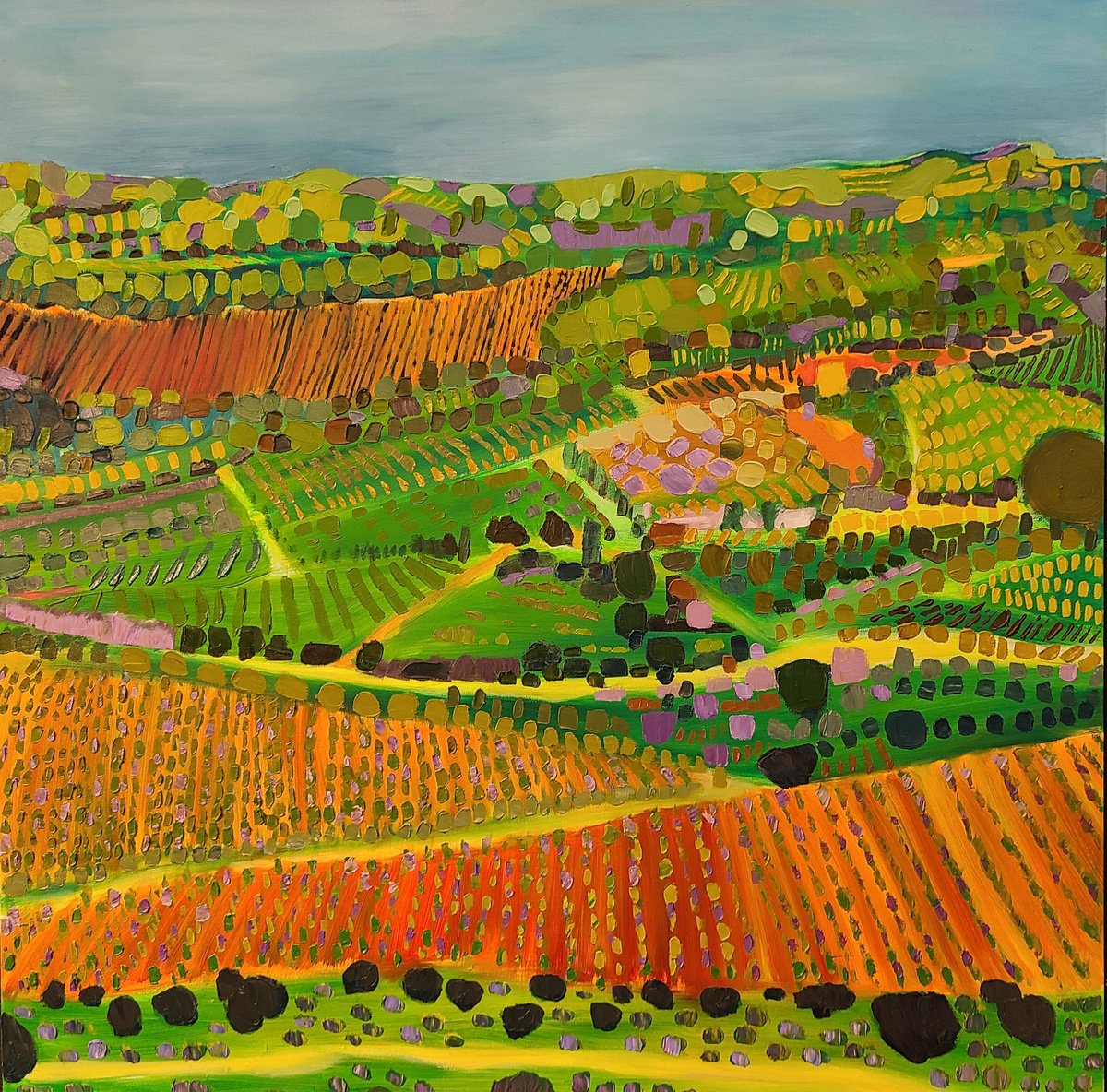 Geometric Landscape Oil Painting By Stacy Neasham, 40 X 40", The Vineyards, Original Artwork