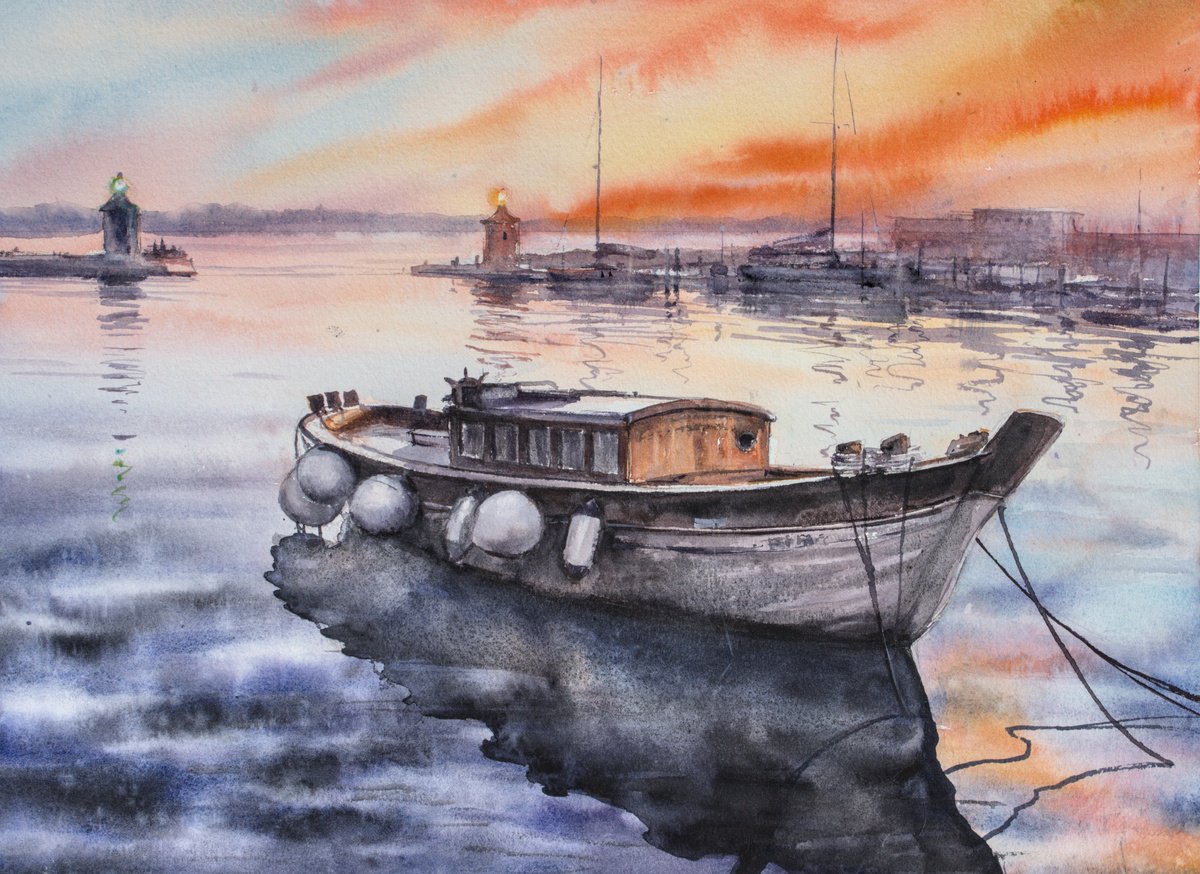 Impressionistic Landscape Watercolour By Eve Mazur, 16 X 12, Boat At Sunset, Original Artwork