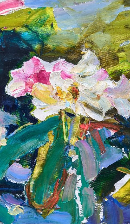 Summer impressions . Sunny azalea  .  Original oil painting by Helen Shukina