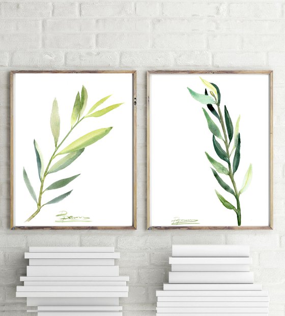 Set of 2 Green Leaves - Original watercolor paintings