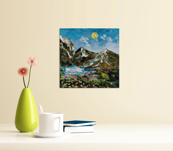 Sunny day in mountains, original small landscape oil painting, bedroom art