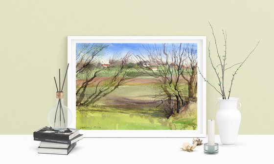 Spring watercolor landscape in the park