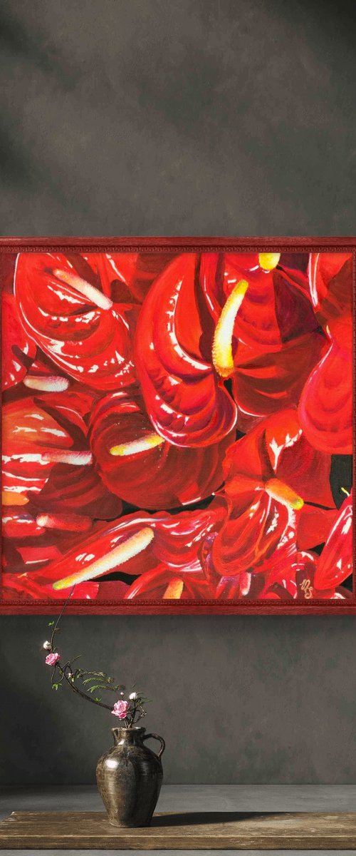 Red Anthurium Floral Painting by SoNata Art