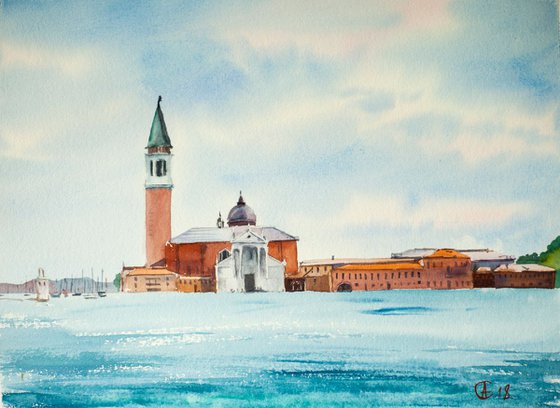 Venice seaview. Original watercolor. Italy architecture landscape seascape sea travel blue red sky decor