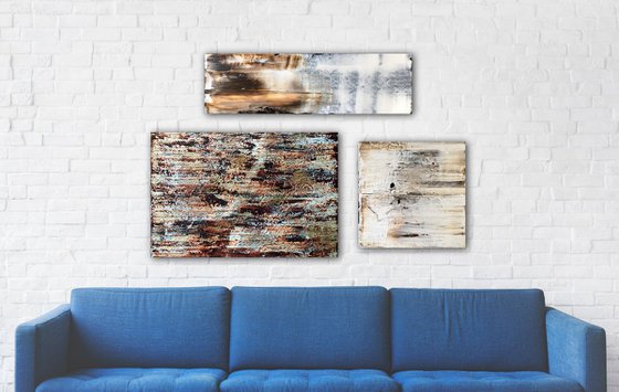 "Burnt And Beautiful" - Save As A Series - Original Large PMS Abstract Triptych Acrylic Paintings On Canvas and Wood - 56" x 35.5"