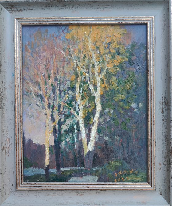 Original Oil Painting Wall Art Signed unframed Hand Made Jixiang Dong Canvas 25cm × 20cm Landscape Sunlit Trees by the Road Stuttgart Small Impressionism Impasto