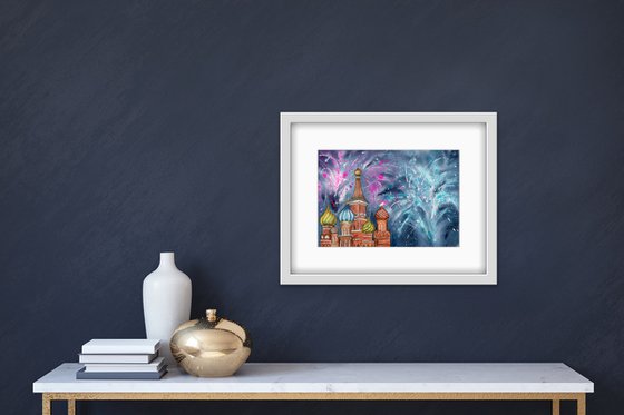 Festive fireworks in Moscow. New year's night. Original watercolor artwork.