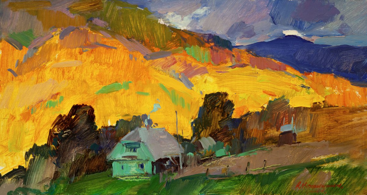 Impressionistic Landscape Oil Painting By Aleksandr Kryushyn, 20 X 11, House In The Mountains, Original Artwork