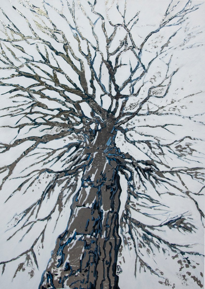 Expressive Landscape Painting By Lilit Vardanyan, 24 X 35", A Silver Tree, Original Artwork