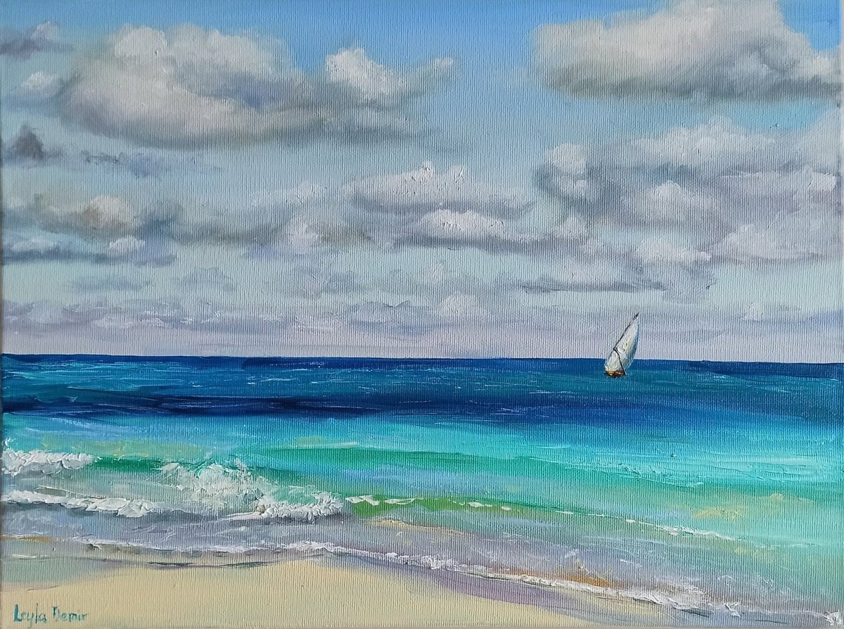 Sailboats oil painting blue ocean landscape wall decor 12x16 by Leyla Demir