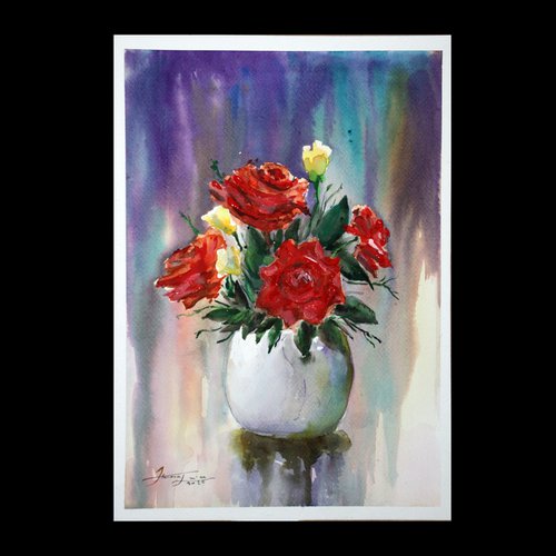 Red Roses, Watercolor, 40 x 30 cm by Jamaleddin Toomajnia