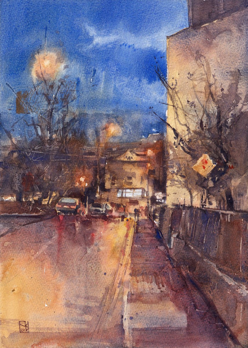 Impressionistic Cityscapes Watercolour By Yurii Prysiazhnyi, 10 X 14", Ivy Terrase, Original Artwork