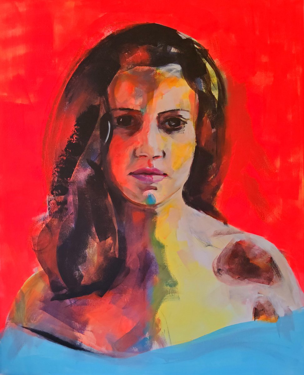 Expressive Portrait Acrylic Painting By Marina Del Pozo, 32 X 39", In The Mood Of Love, Original Artwork