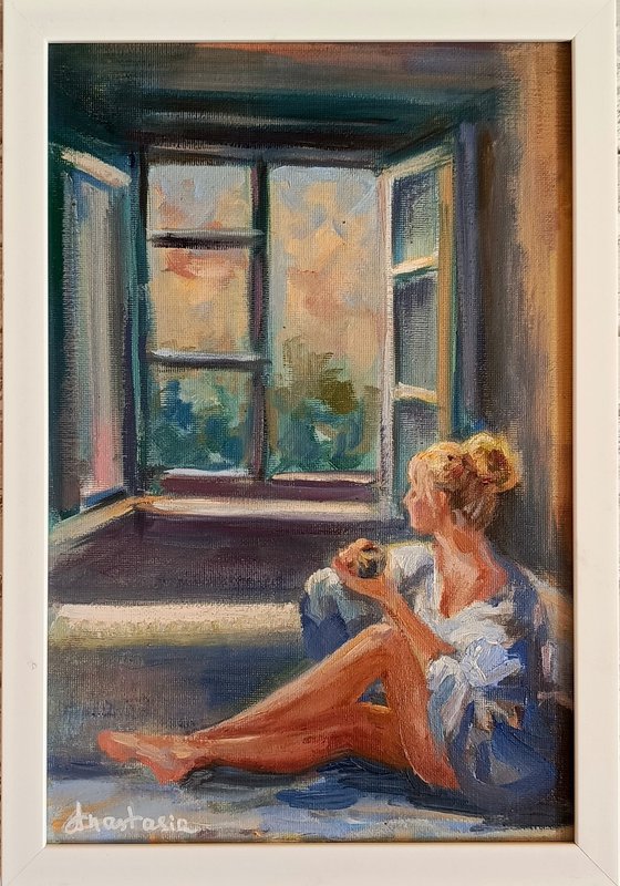 Oil painting Woman with a cup of tea near the window