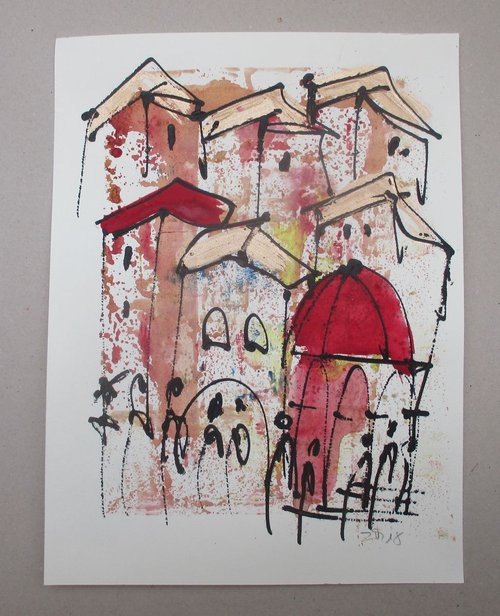sunny little city 2 - drawing on paper 12,6x9,5 inch by Sonja Zeltner-Müller