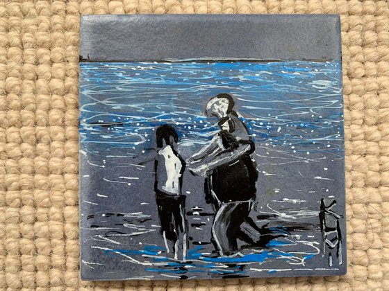 Holiday Acrylic Painting of Man and Children in the Sea Art Home Decor Gift Ideas