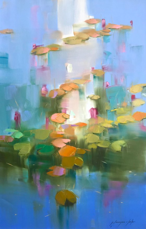 Waterlilies, Original oil Painting, Handmade artwork by palette knife