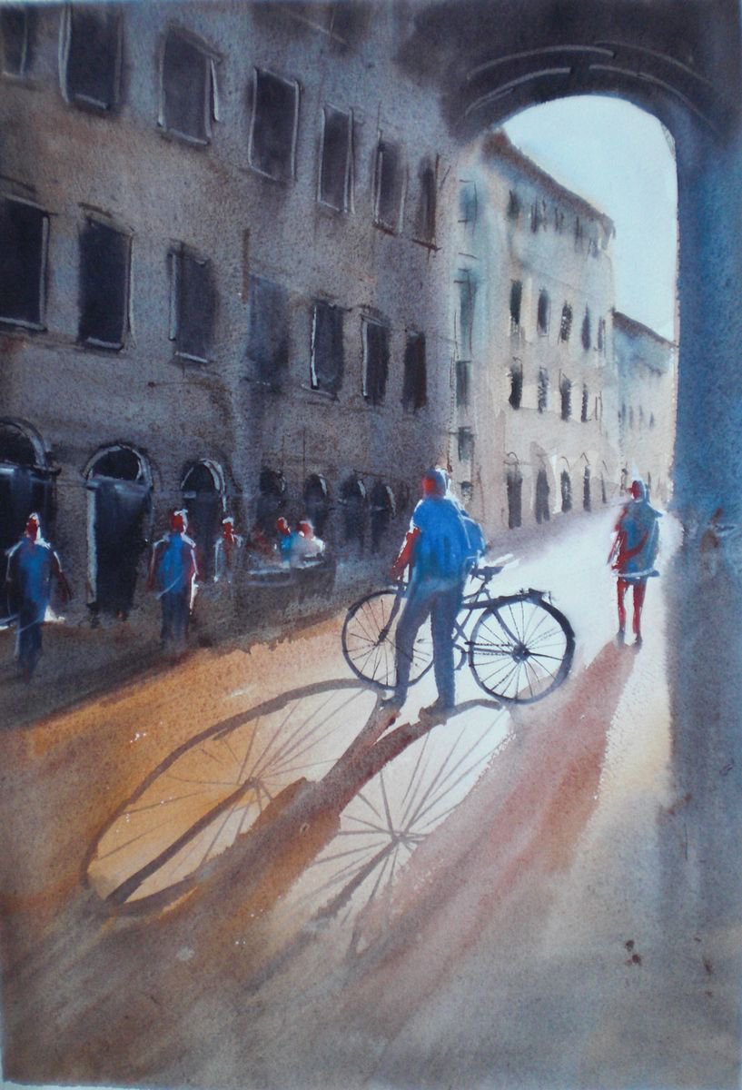 Expressive Cityscapes Watercolour By Giorgio Gosti, 13 X 18, Bikes And Shadows 3, Original Artwork