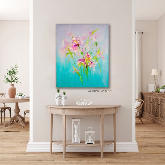 MOMENTS FROM DREAMS - Air flowers. Pink irises. Lovely bouquet. Present. Gradient. Botanical. Blue background.