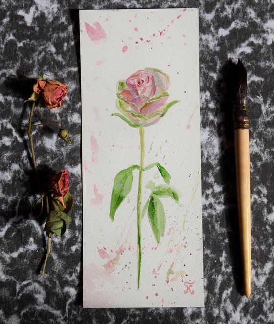 Rose original watercolor painting postcard Pink flowers bouquet