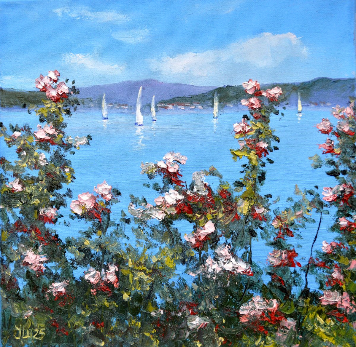 Impressionistic Landscape Oil Painting By Elena Lukina, 12 X 12, Romance Of The Sea 30X30, Original Artwork