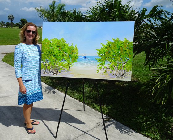 COASTAL PARADISE. SANIBEL ISLAND BEACH. Tropical Island Seascape Painting of Florida Beach and Fishing Boat.