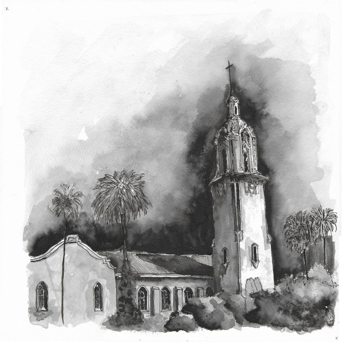 Expressive Cityscapes Watercolour By Gozde Temiz Istanbul, 12 X 12, Church In Hollywood, Original Artwork